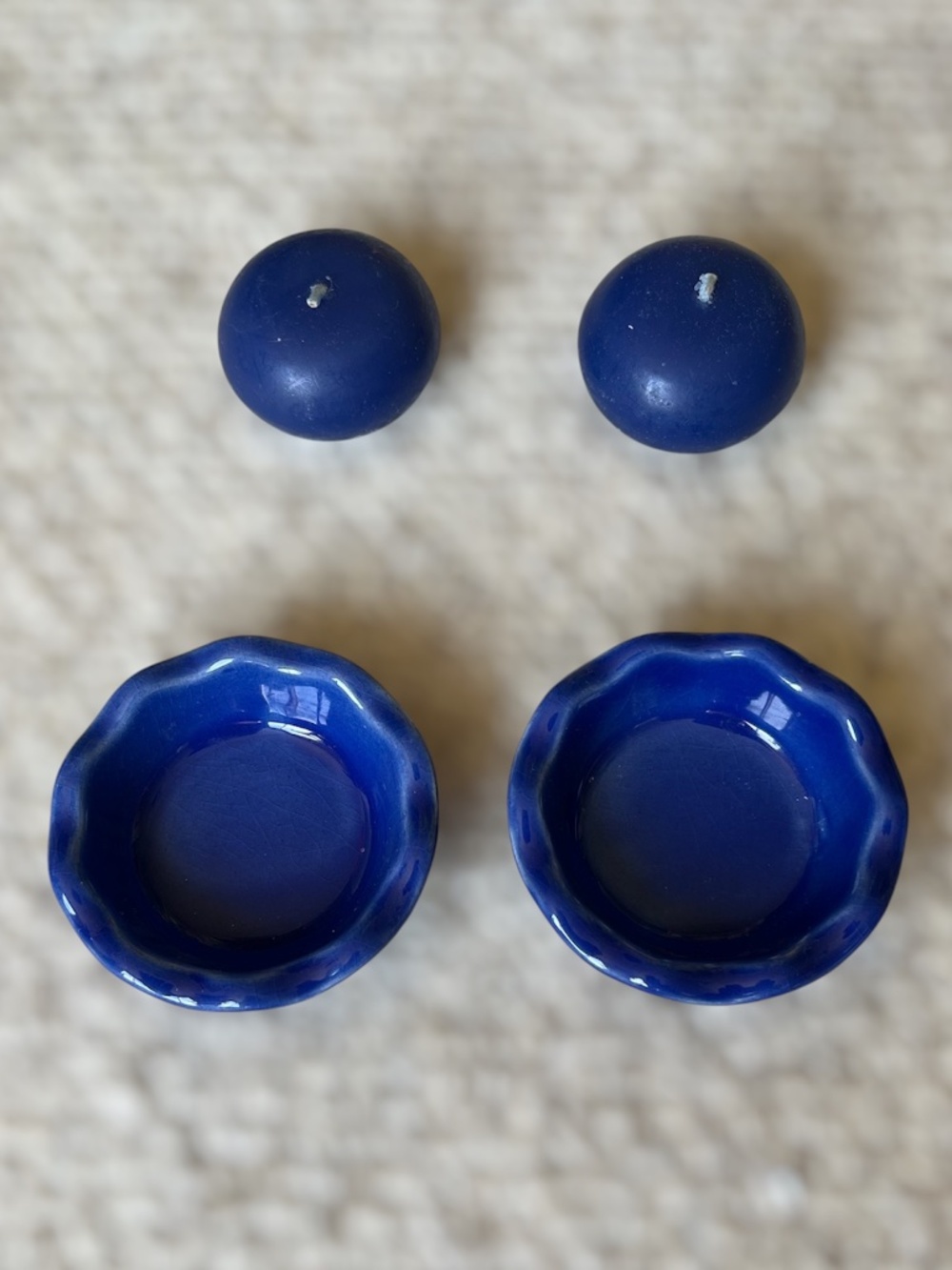 Two Emile Henry scalloped mini ramekin in cobalt blue, new in box.